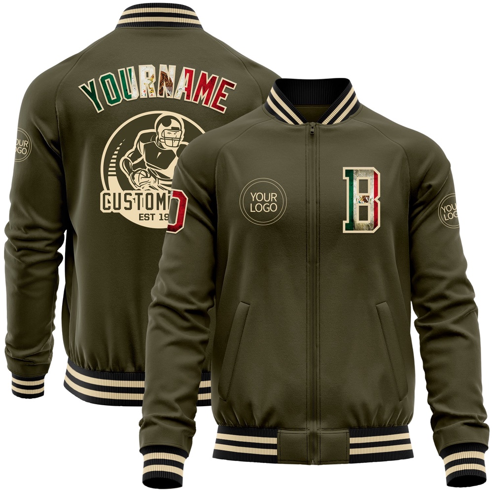 Custom Olive Vintage Mexican Flag Cream Black Bomber Varsity Letterman Salute To Service Zipper Jacket, Custom Team Jacket Custom Olive Vintage Mexican Flag Cream Black Bomber Varsity Letterman Salute To Service Zipper Jacket, Custom Team Jacket