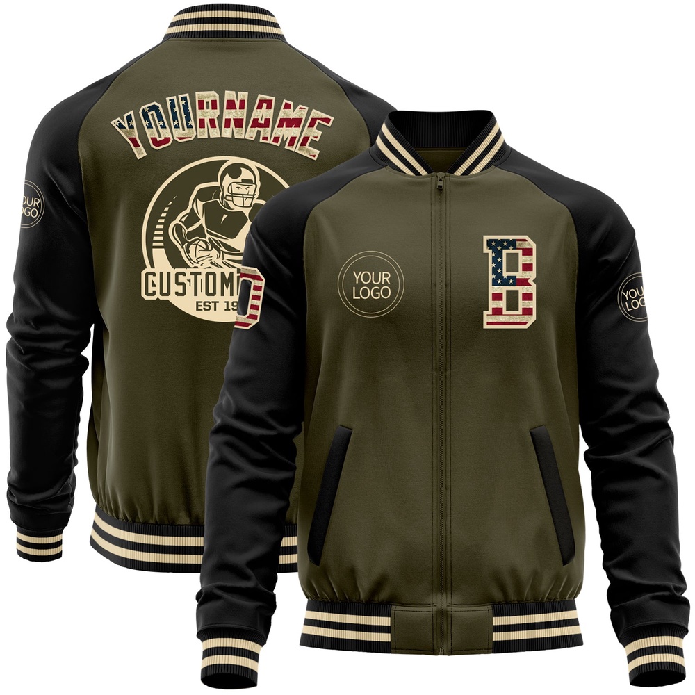 Custom Olive Vintage USA Flag Black Cream Bomber Varsity Letterman Two Tone Salute To Service Zipper Jacket, Custom Team Jacket