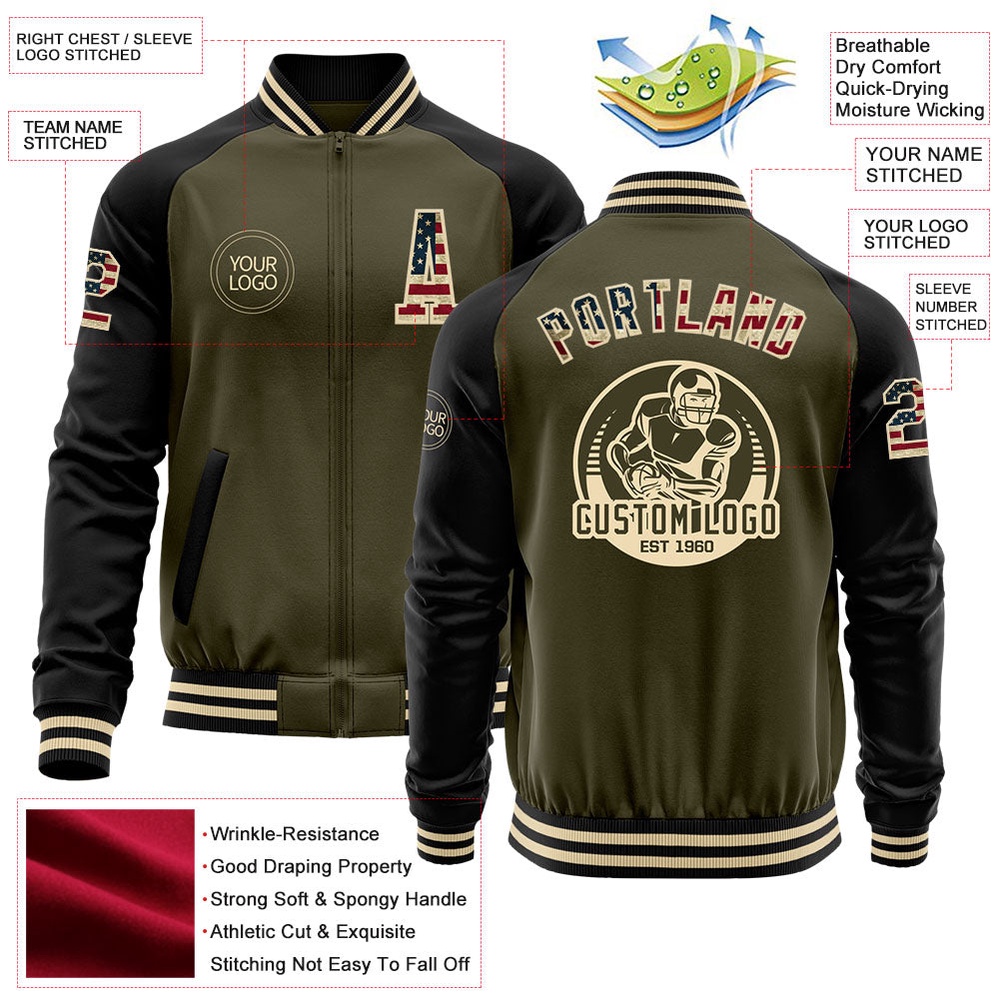 Custom Olive Vintage USA Flag Black Cream Bomber Varsity Letterman Two Tone Salute To Service Zipper Jacket, Custom Team Jacket