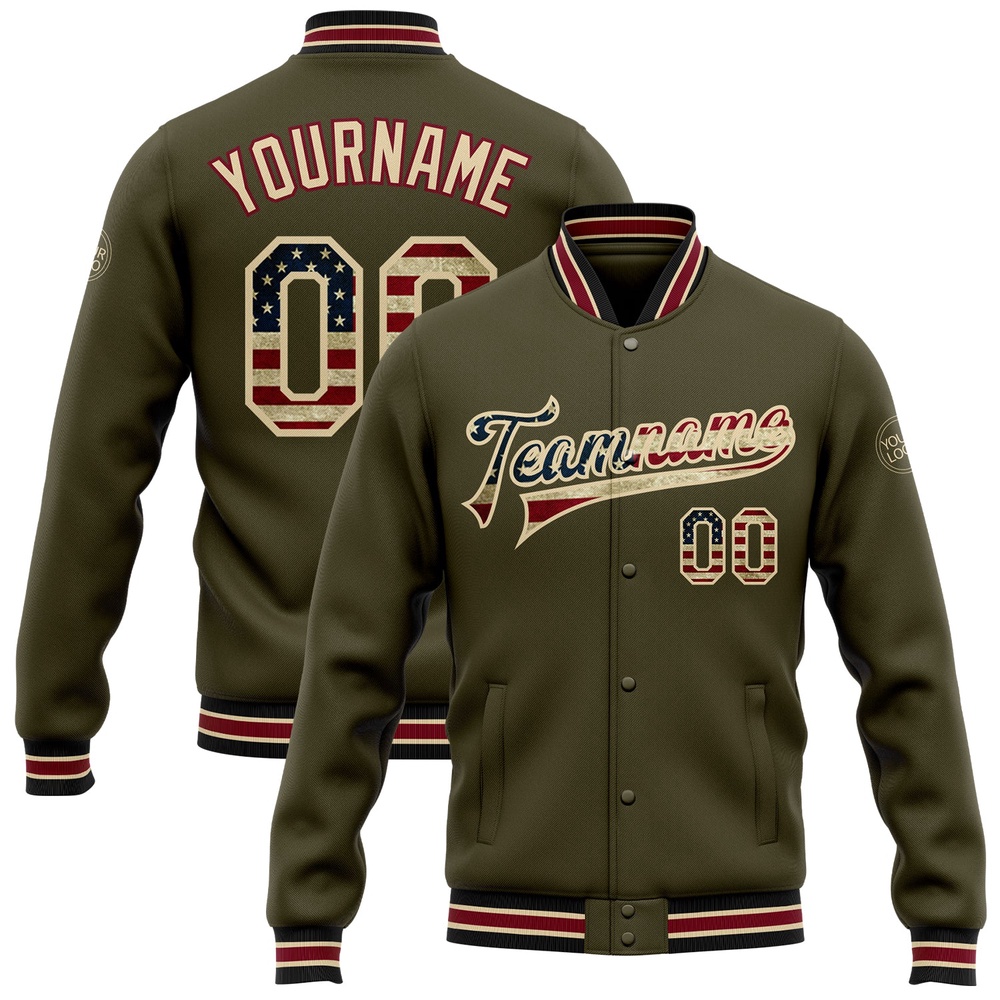 Custom Olive Vintage USA Flag City Cream Black Bomber Full Snap Varsity Letterman Salute To Service Jacket, Custom Team Jacket Custom Olive Vintage USA Flag City Cream Black Bomber Full Snap Varsity Letterman Salute To Service Jacket, Custom Team Jacket
