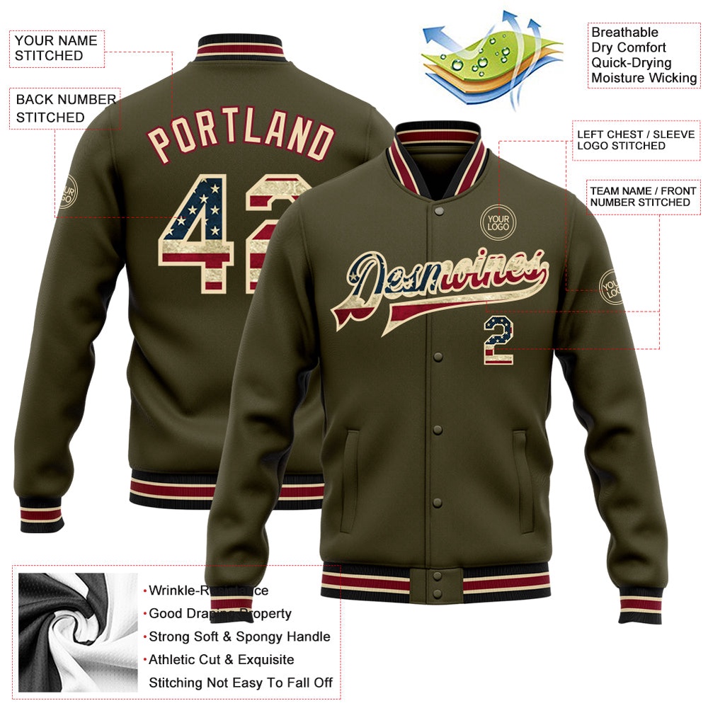 Custom Olive Vintage USA Flag City Cream Black Bomber Full Snap Varsity Letterman Salute To Service Jacket, Custom Team Jacket Custom Olive Vintage USA Flag City Cream Black Bomber Full Snap Varsity Letterman Salute To Service Jacket, Custom Team Jacket