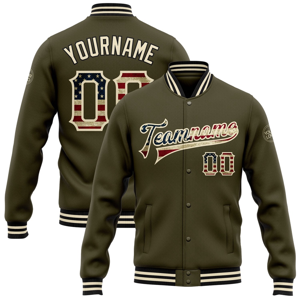 Custom Olive Vintage USA Flag Cream Black Bomber Full Snap Varsity Letterman Salute To Service Jacket, Custom Team Jacket