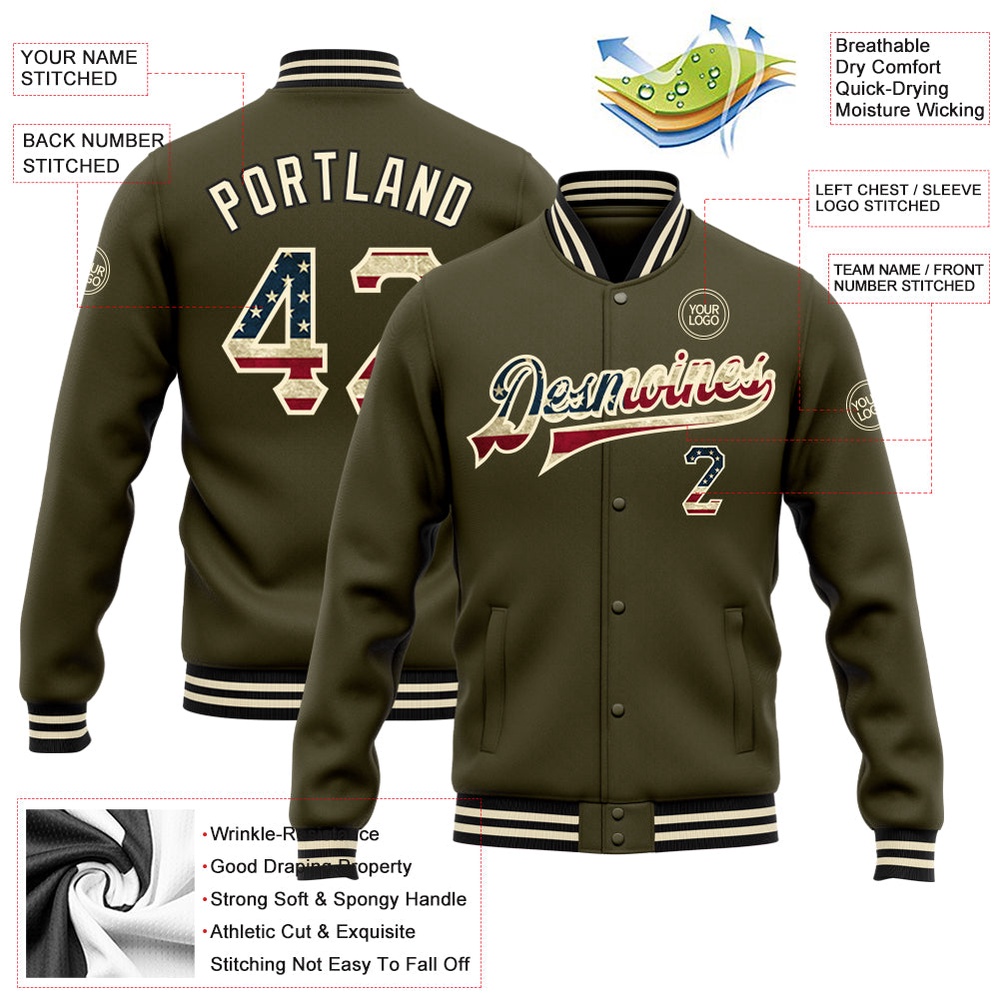 Custom Olive Vintage USA Flag Cream Black Bomber Full Snap Varsity Letterman Salute To Service Jacket, Custom Team Jacket
