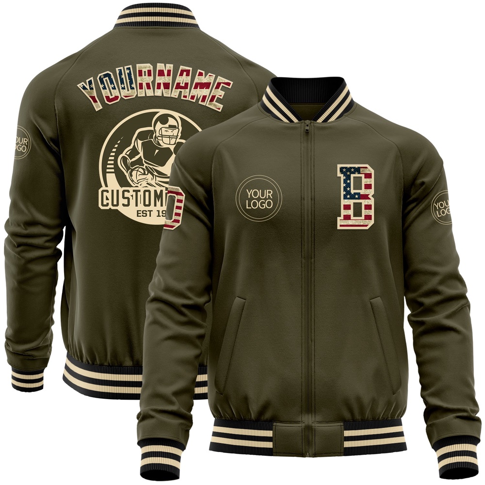 Custom Olive Vintage USA Flag Cream Black Bomber Varsity Letterman Salute To Service Zipper Jacket, Custom Team Jacket