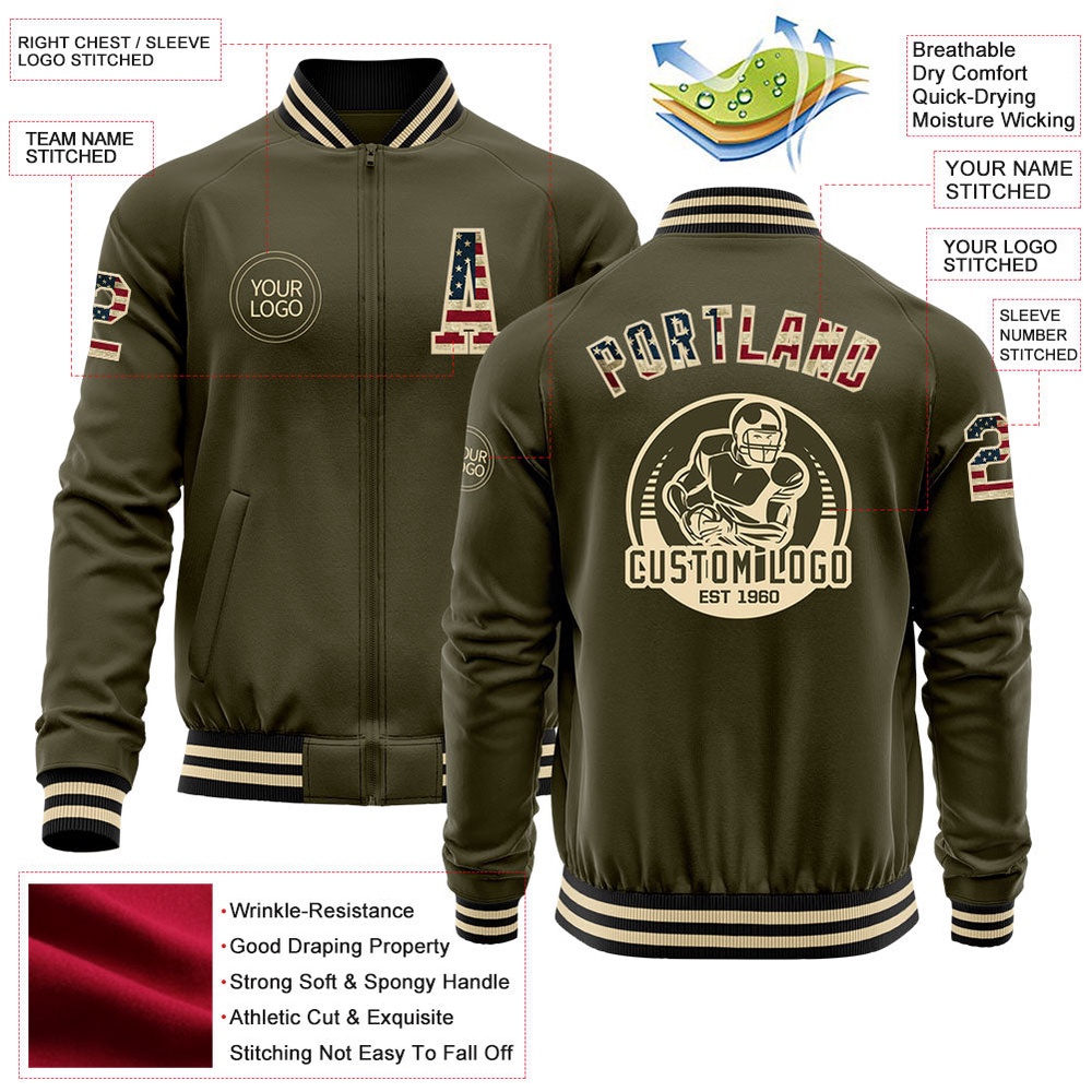 Custom Olive Vintage USA Flag Cream Black Bomber Varsity Letterman Salute To Service Zipper Jacket, Custom Team Jacket