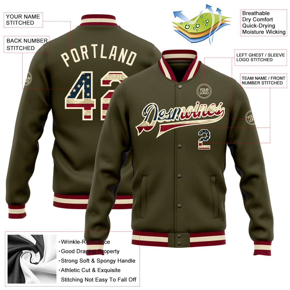 Custom Olive Vintage USA Flag Cream Maroon Bomber Full Snap Varsity Letterman Salute To Service Jacket, Custom Team Jacket Custom Olive Vintage USA Flag Cream Maroon Bomber Full Snap Varsity Letterman Salute To Service Jacket, Custom Team Jacket