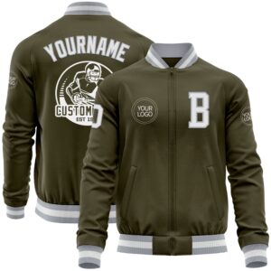 Custom Olive White Gray Bomber Varsity Letterman…