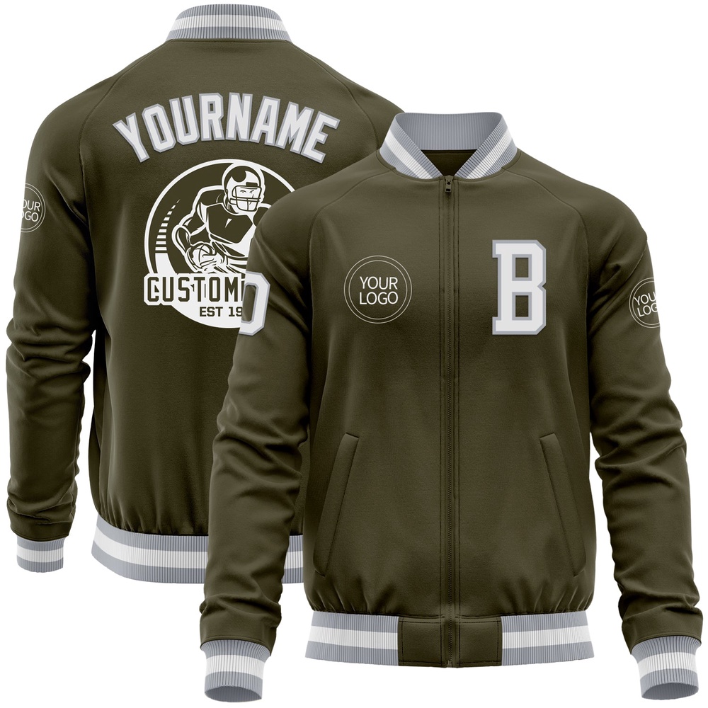 Custom Olive White Gray Bomber Varsity Letterman Salute To Service Zipper Jacket, Custom Team Jacket