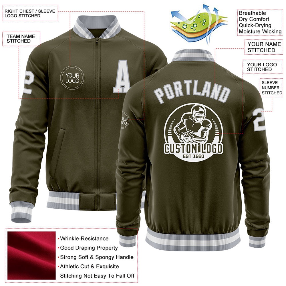 Custom Olive White Gray Bomber Varsity Letterman Salute To Service Zipper Jacket, Custom Team Jacket