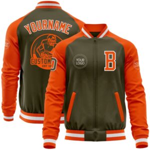 Custom Olive White Orange Bomber Varsity Letterman…