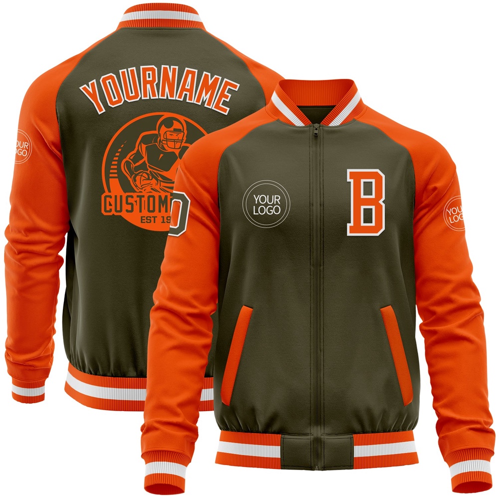 Custom Olive White Orange Bomber Varsity Letterman Two Tone Salute To Service Zipper Jacket, Custom Team Jacket Custom Olive White Orange Bomber Varsity Letterman Two Tone Salute To Service Zipper Jacket, Custom Team Jacket