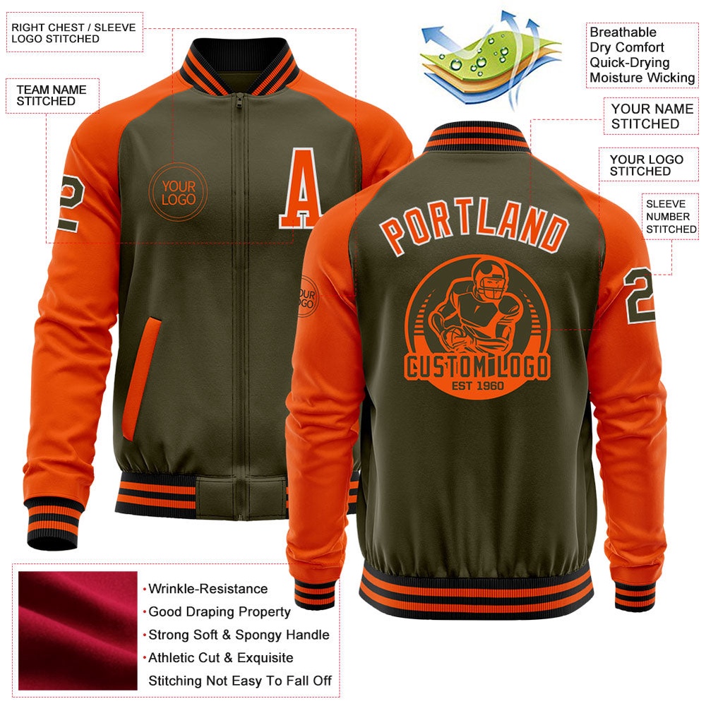 Custom Olive White Orange Bomber Varsity Letterman Two Tone Salute To Service Zipper Jacket, Custom Team Jacket Custom Olive White Orange Bomber Varsity Letterman Two Tone Salute To Service Zipper Jacket, Custom Team Jacket