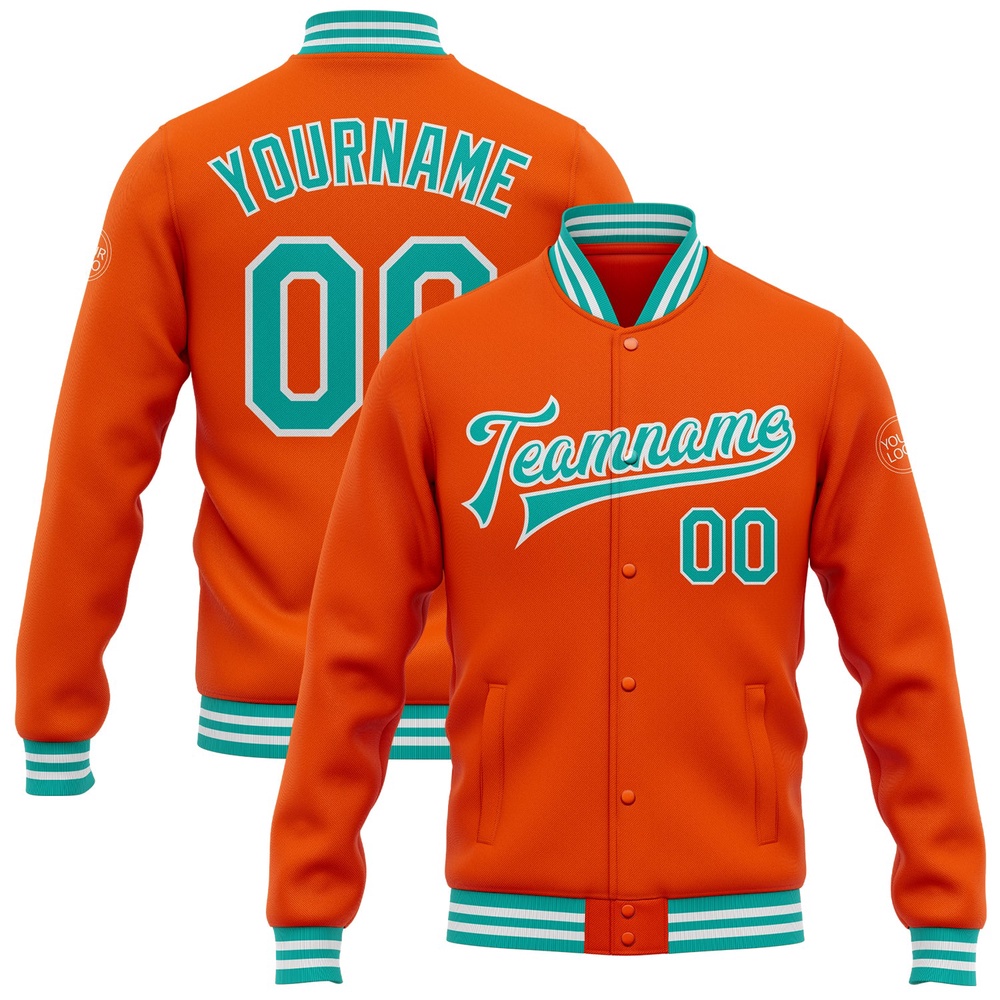 Custom Orange Aqua White Bomber Full Snap Baseball Jacket, Custom Team Jacket