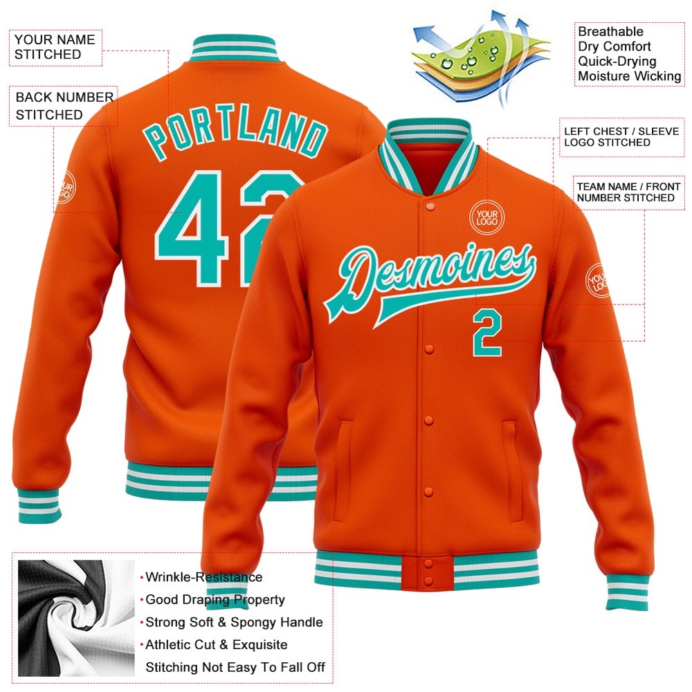 Custom Orange Aqua White Bomber Full Snap Baseball Jacket, Custom Team Jacket