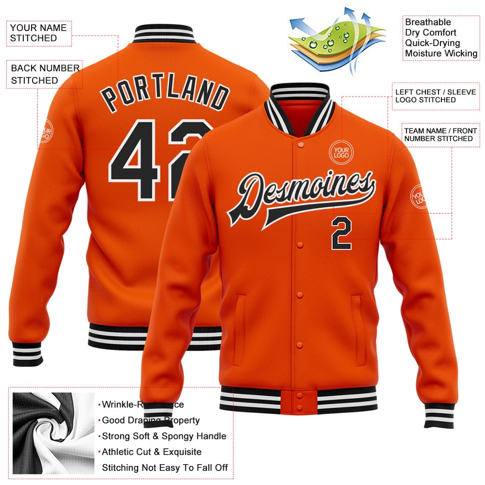 Custom Orange Black-White Bomber Full-Snap Baseball Jacket_4037, Custom Team Jacket Custom Orange Black-White Bomber Full-Snap Baseball Jacket_4037, Custom Team Jacket