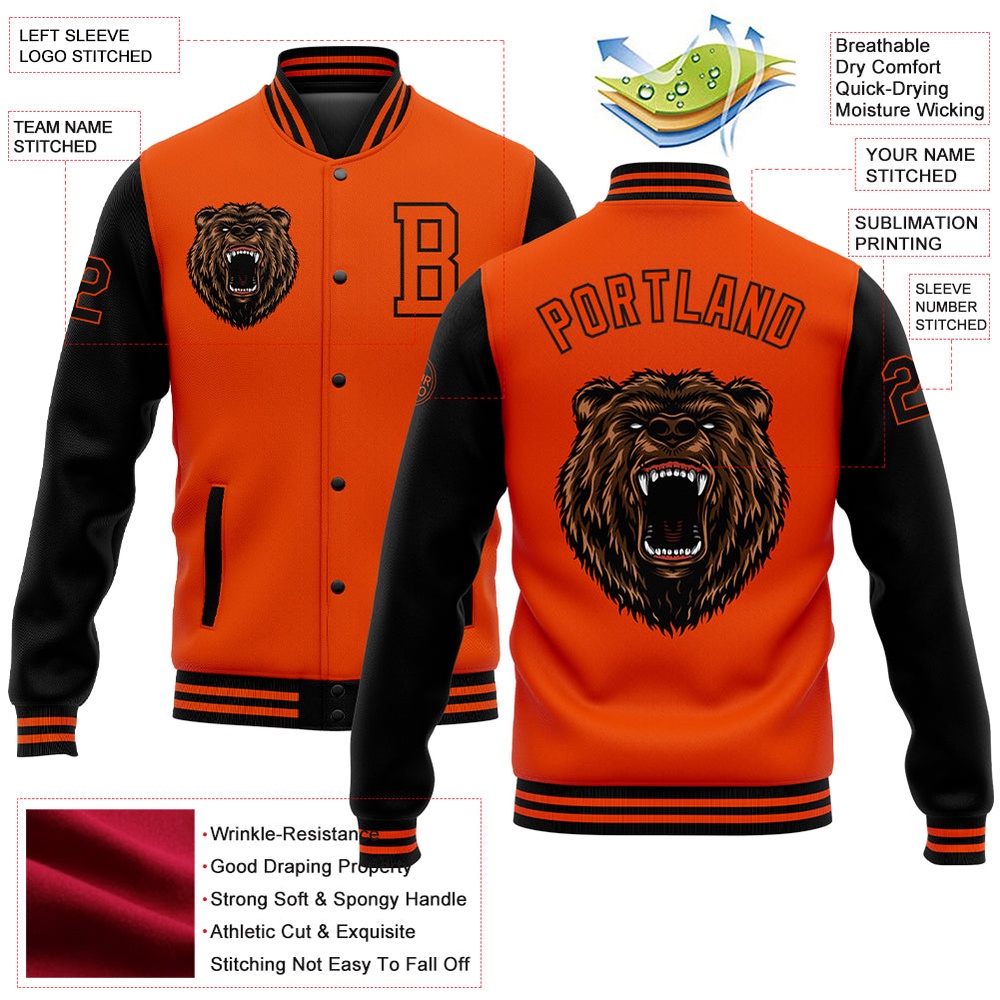 Custom Orange Black 3D Pattern Design Bomber Full Snap Baseball Jacket, Custom Team Jacket