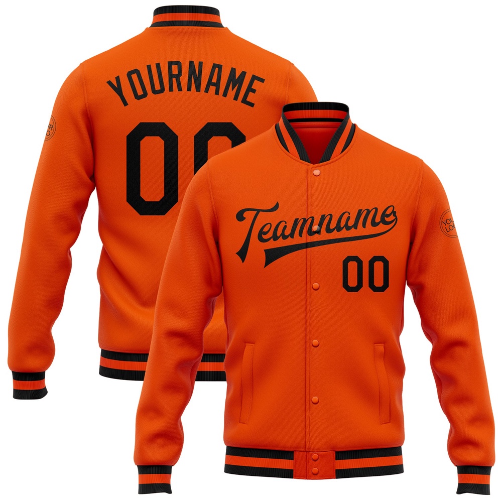 Custom Orange Black Bomber Full Snap Baseball Jacket, Custom Team Jacket Custom Orange Black Bomber Full Snap Baseball Jacket, Custom Team Jacket