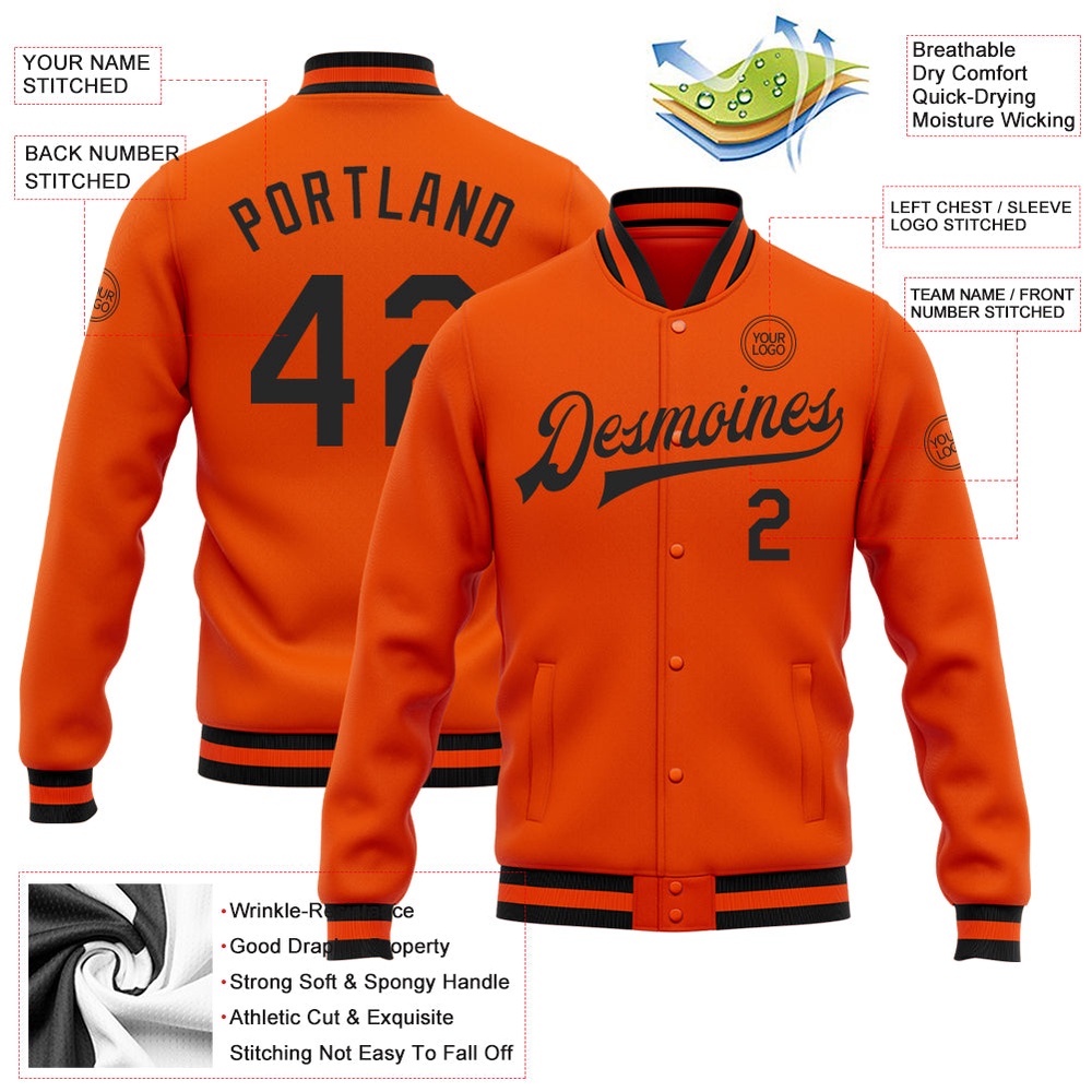 Custom Orange Black Bomber Full Snap Baseball Jacket, Custom Team Jacket Custom Orange Black Bomber Full Snap Baseball Jacket, Custom Team Jacket