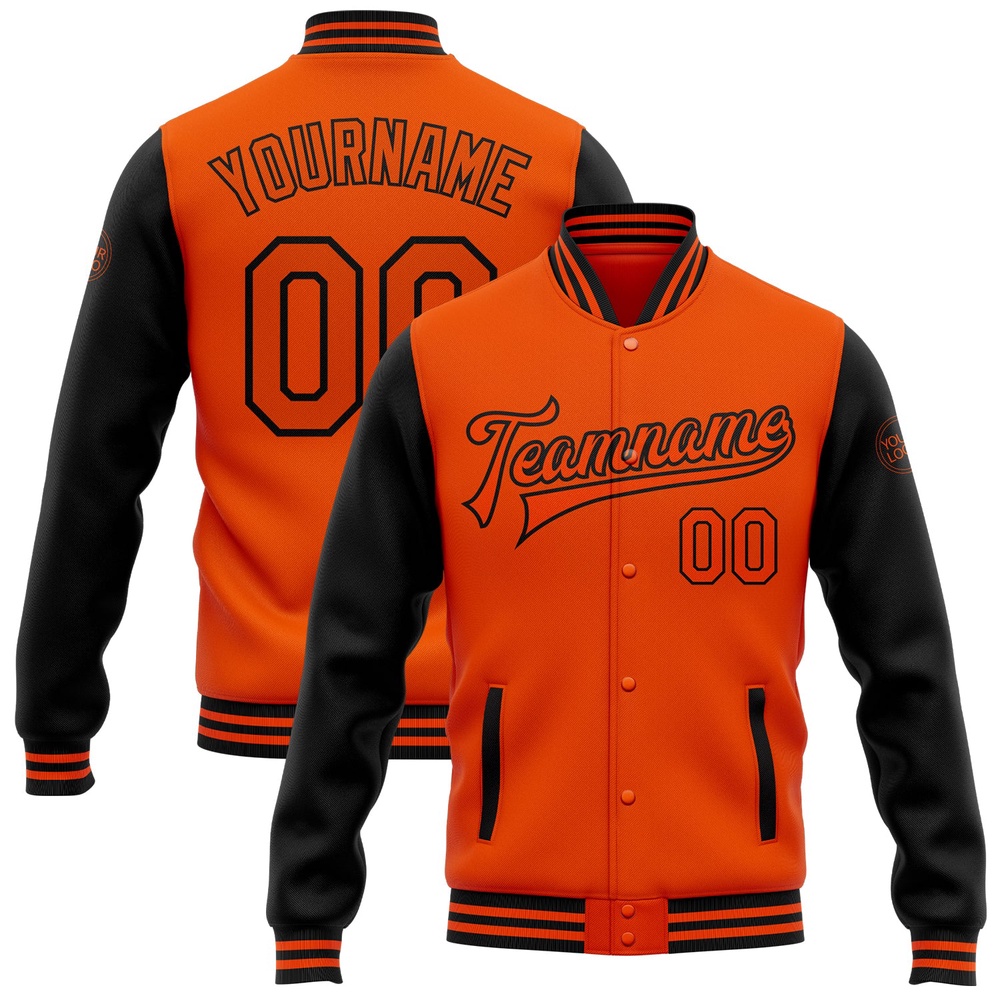 Custom Orange Black Bomber Full Snap Varsity Baseball Jacket, Custom Team Jacket
