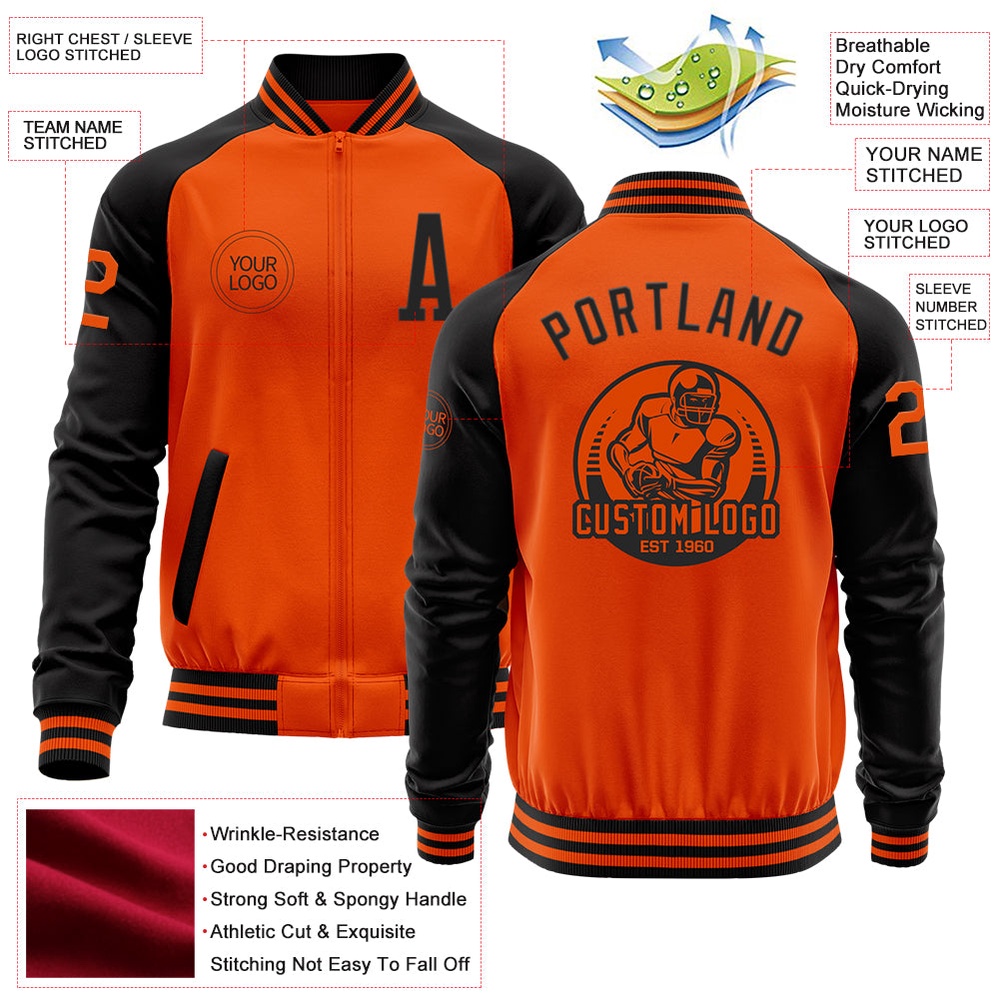 Custom Orange Black Bomber Varsity Baseball Jacket, Custom Team Jacket