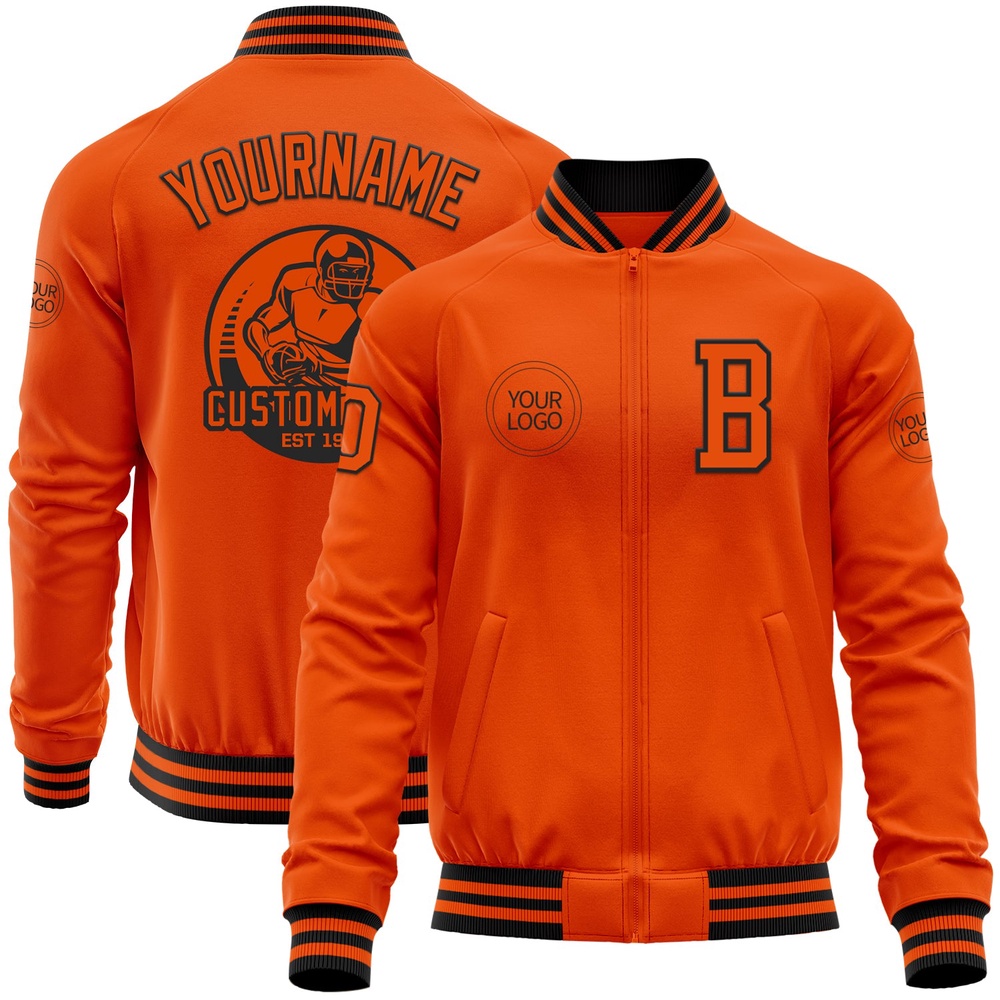 Custom Orange Black Bomber Varsity Letterman Zipper Jacket, Custom Team Jacket