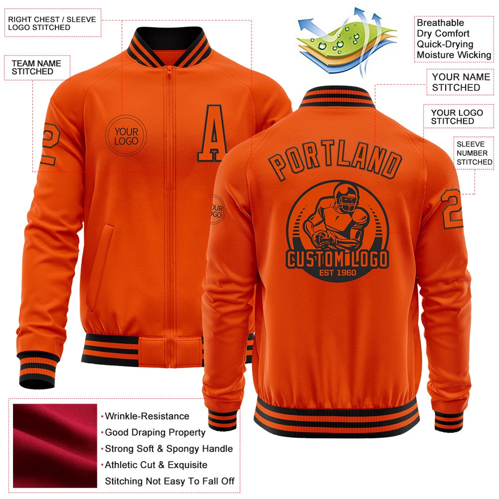 Custom Orange Black Bomber Varsity Letterman Zipper Jacket, Custom Team Jacket