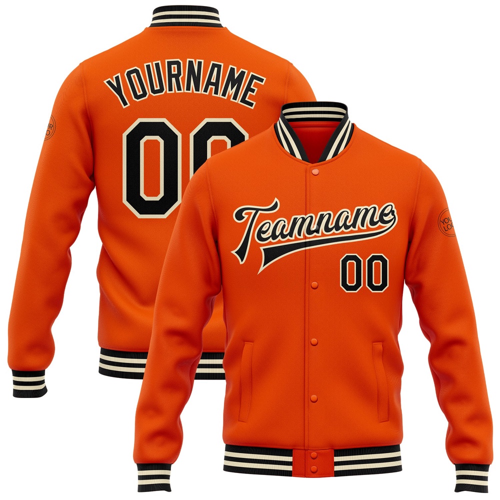 Custom Orange Black Cream Bomber Full Snap Baseball Jacket, Custom Team Jacket Custom Orange Black Cream Bomber Full Snap Baseball Jacket, Custom Team Jacket