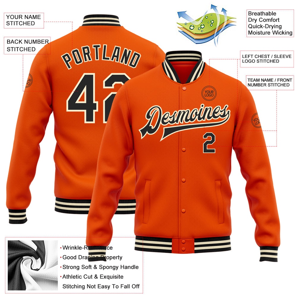 Custom Orange Black Cream Bomber Full Snap Baseball Jacket, Custom Team Jacket Custom Orange Black Cream Bomber Full Snap Baseball Jacket, Custom Team Jacket