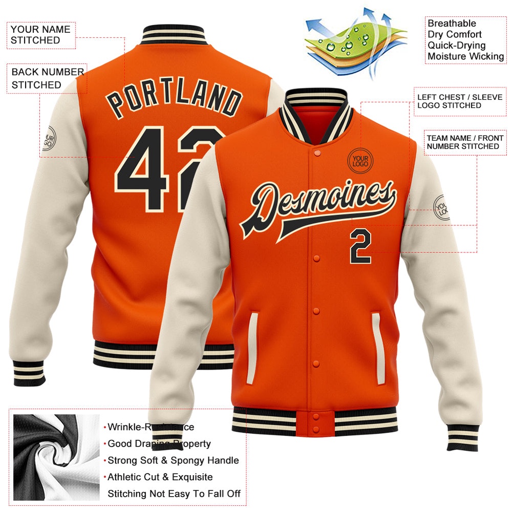 Custom Orange Black Cream Bomber Full Snap Varsity Baseball Jacket, Custom Team Jacket