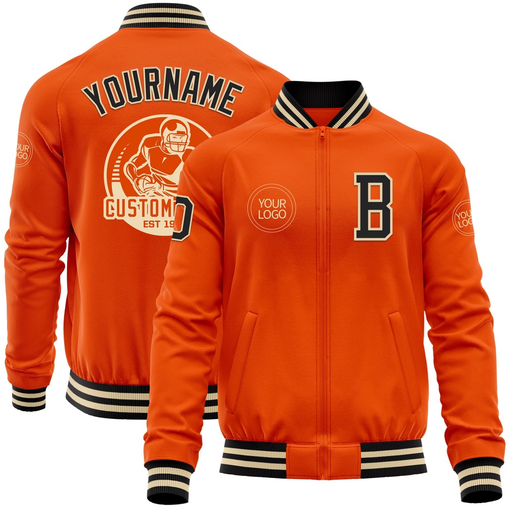Custom Orange Black Cream Bomber Varsity Baseball Jacket, Custom Team Jacket Custom Orange Black Cream Bomber Varsity Baseball Jacket, Custom Team Jacket