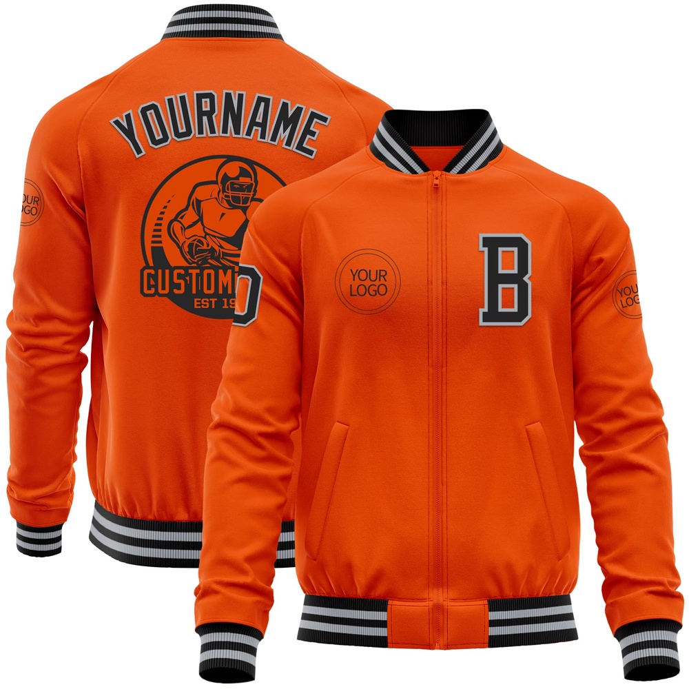 Custom Orange Black Gray Bomber Varsity Baseball Jacket, Custom Team Jacket Custom Orange Black Gray Bomber Varsity Baseball Jacket, Custom Team Jacket