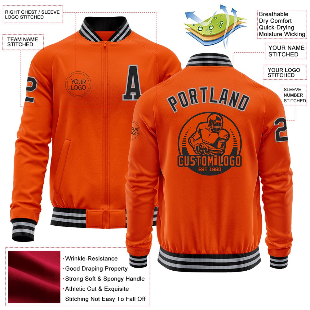 Custom Orange Black Gray Bomber Varsity Baseball Jacket, Custom Team Jacket Custom Orange Black Gray Bomber Varsity Baseball Jacket, Custom Team Jacket