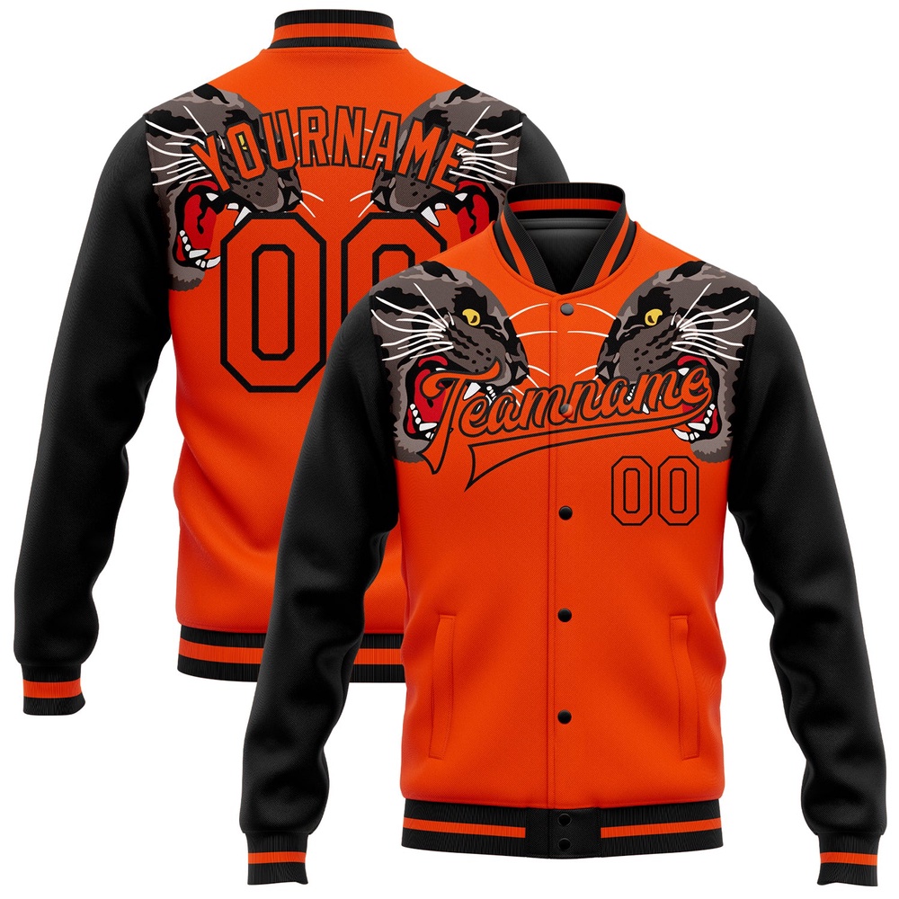 Custom Orange Black Leopard 3D Pattern Design Bomber Full Snap Baseball Jacket, Custom Team Jacket