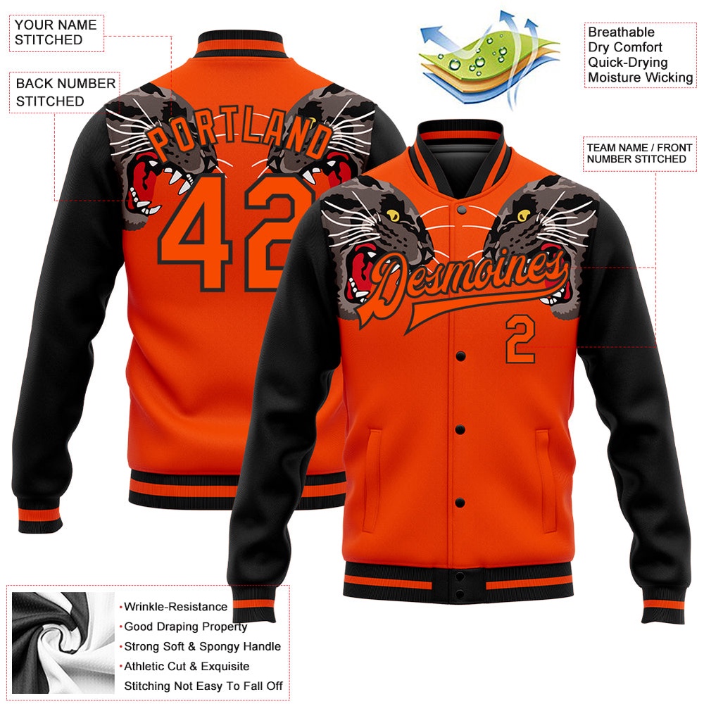Custom Orange Black Leopard 3D Pattern Design Bomber Full Snap Baseball Jacket, Custom Team Jacket
