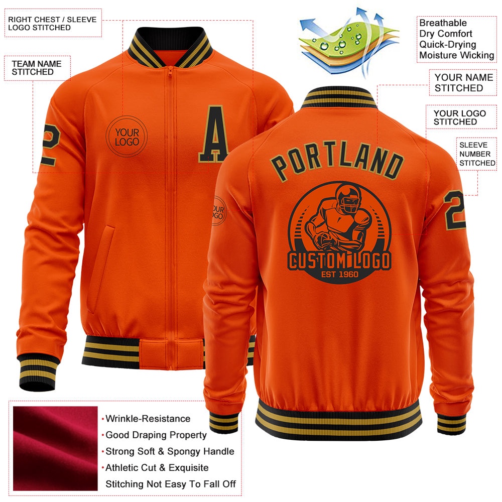 Custom Orange Black Old Gold Bomber Varsity Baseball Jacket, Custom Team Jacket