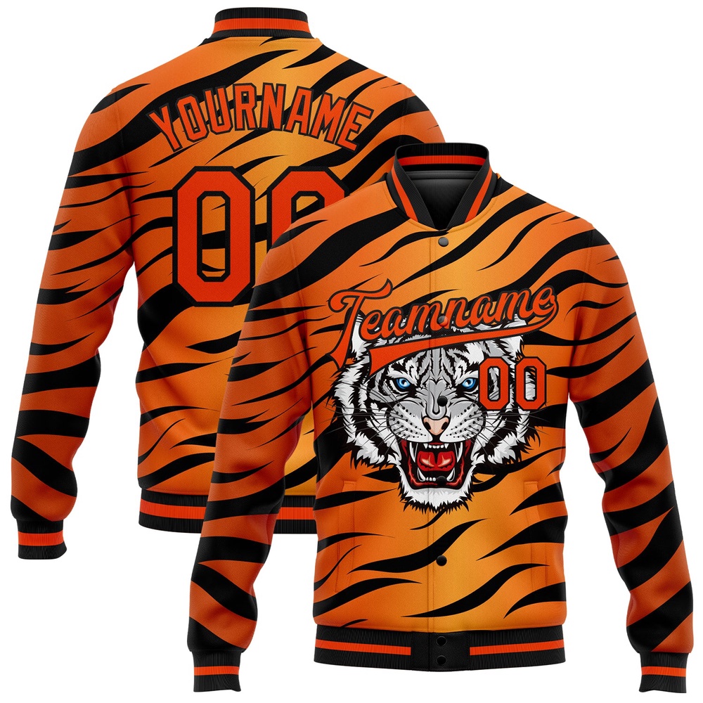 Custom Orange Black Tiger 3D Pattern Design Bomber Full Snap Baseball Jacket, Custom Team Jacket