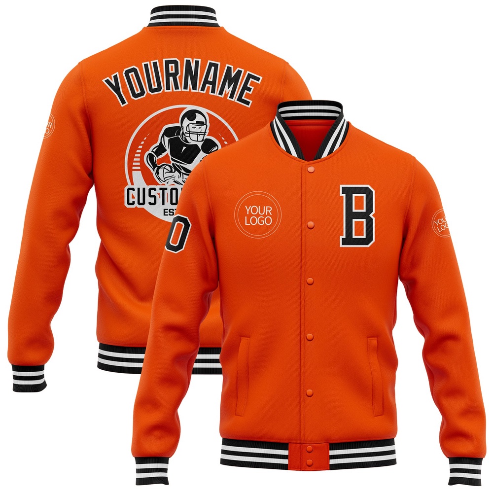 Custom Orange Black White Bomber Full Snap Baseball Jacket, Custom Team Jacket