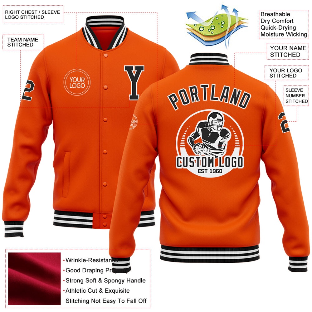 Custom Orange Black White Bomber Full Snap Baseball Jacket, Custom Team Jacket