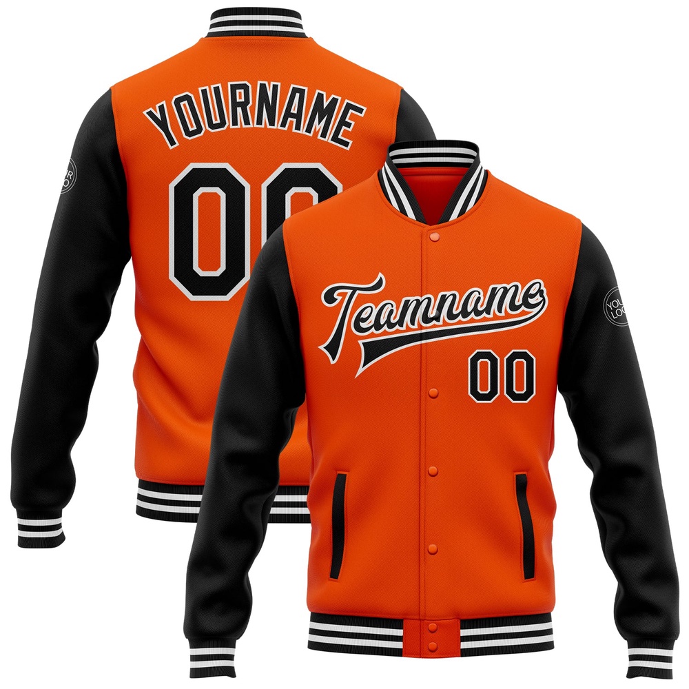Custom Orange Black White Bomber Full Snap Varsity Baseball Jacket, Custom Team Jacket Custom Orange Black White Bomber Full Snap Varsity Baseball Jacket, Custom Team Jacket