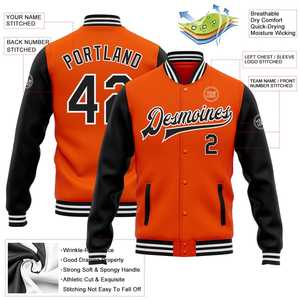 Custom Orange Black White Bomber Full Snap Varsity Baseball Jacket, Custom Team Jacket Custom Orange Black White Bomber Full Snap Varsity Baseball Jacket, Custom Team Jacket