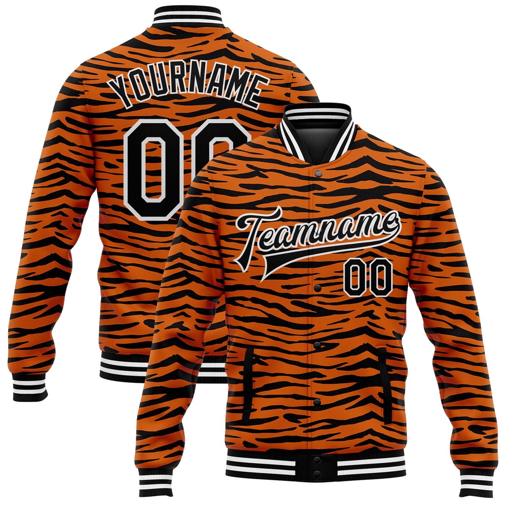 Custom Orange Black White Tiger Stripes 3D Pattern Design Bomber Full Snap Baseball Jacket, Custom Team Jacket