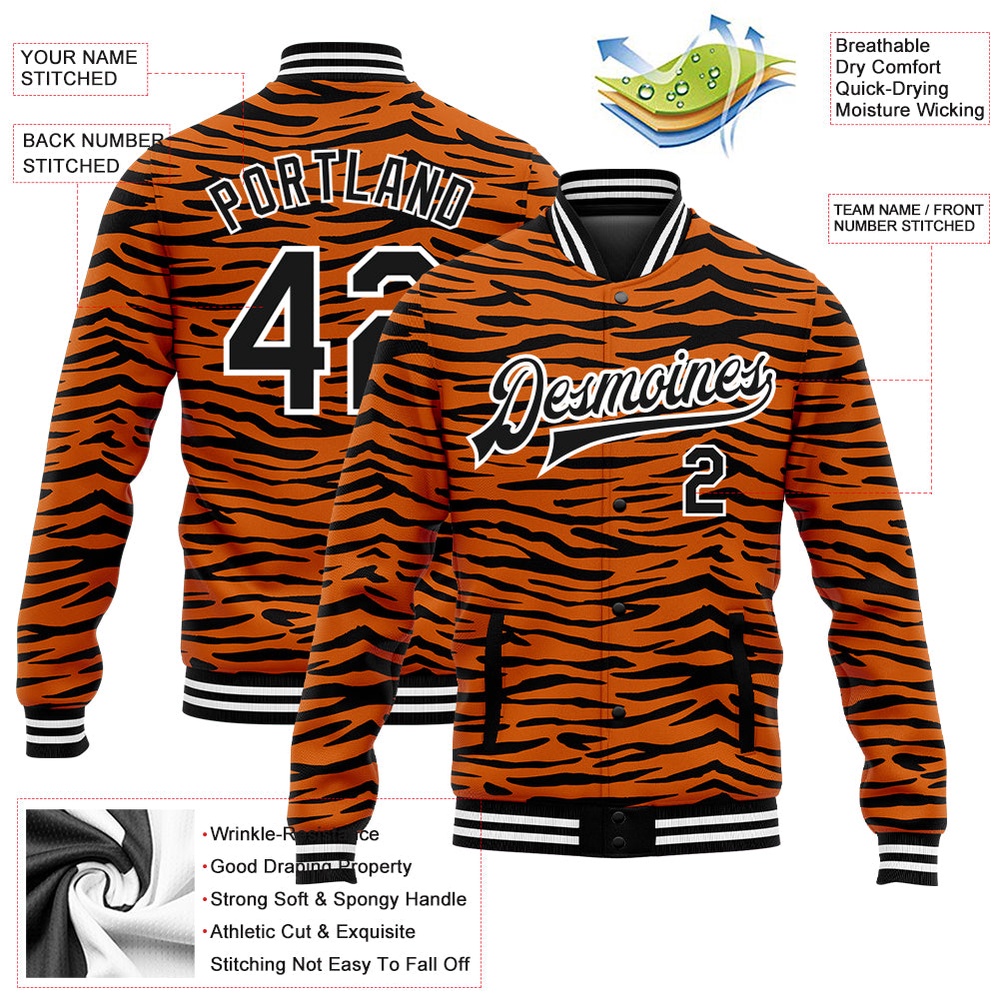 Custom Orange Black White Tiger Stripes 3D Pattern Design Bomber Full Snap Baseball Jacket, Custom Team Jacket