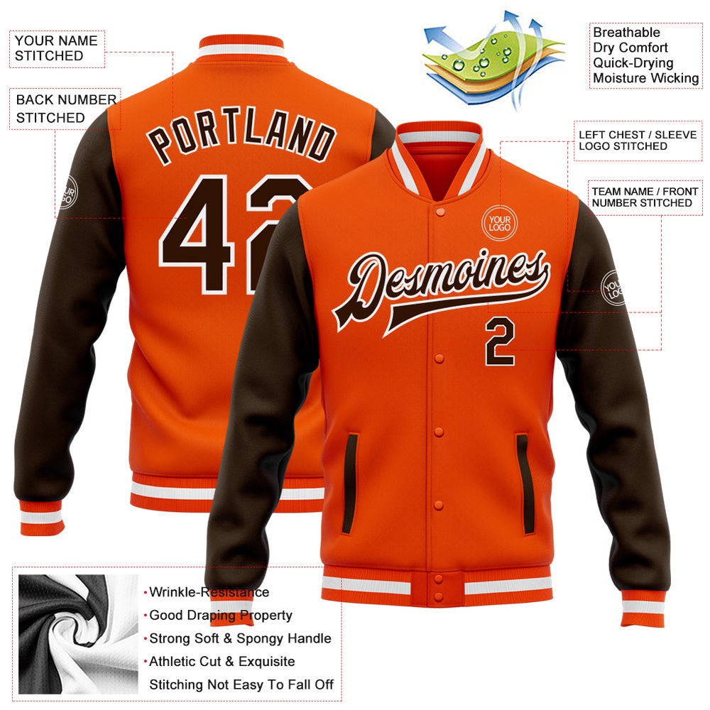 Custom Orange Brown White Bomber Full Snap Varsity Baseball Jacket, Custom Team Jacket Custom Orange Brown White Bomber Full Snap Varsity Baseball Jacket, Custom Team Jacket