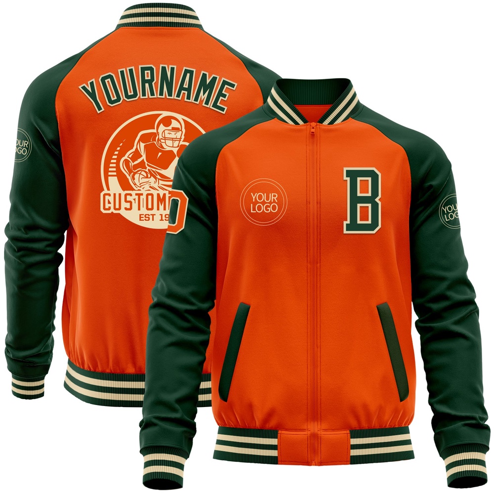 Custom Orange Cream Green Bomber Varsity Baseball Jacket, Custom Team Jacket