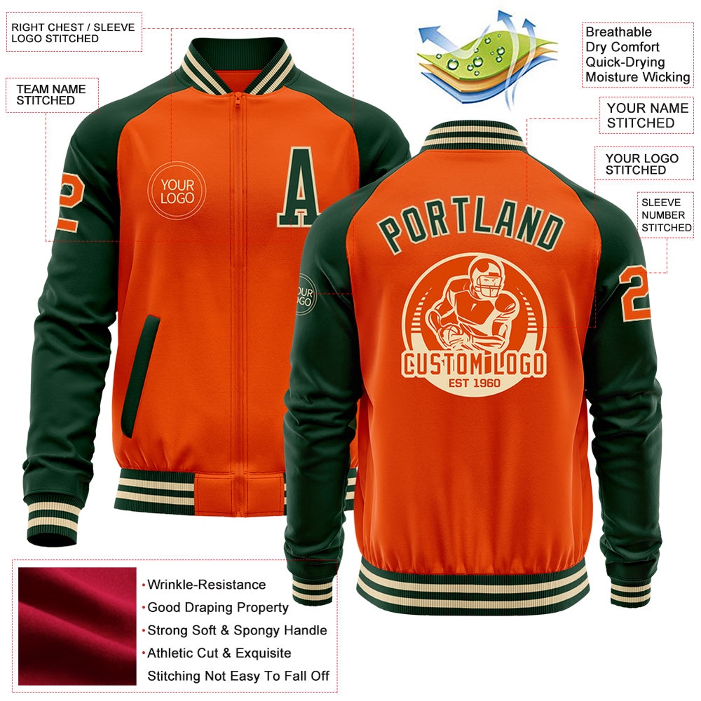 Custom Orange Cream Green Bomber Varsity Baseball Jacket, Custom Team Jacket
