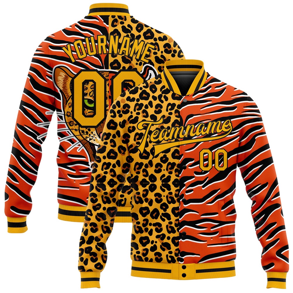 Custom Orange Gold Black Tiger And Leopard Print 3D Pattern Design Bomber Full Snap Baseball Jacket, Custom Team Jacket