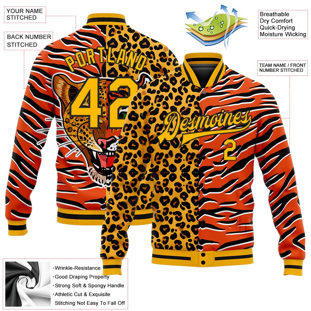Custom Orange Gold Black Tiger And Leopard Print 3D Pattern Design Bomber Full Snap Baseball Jacket, Custom Team Jacket