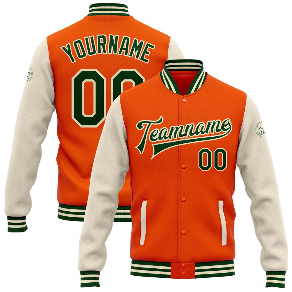 Custom Orange Green Cream Bomber Full Snap Varsity Baseball Jacket, Custom Team Jacket