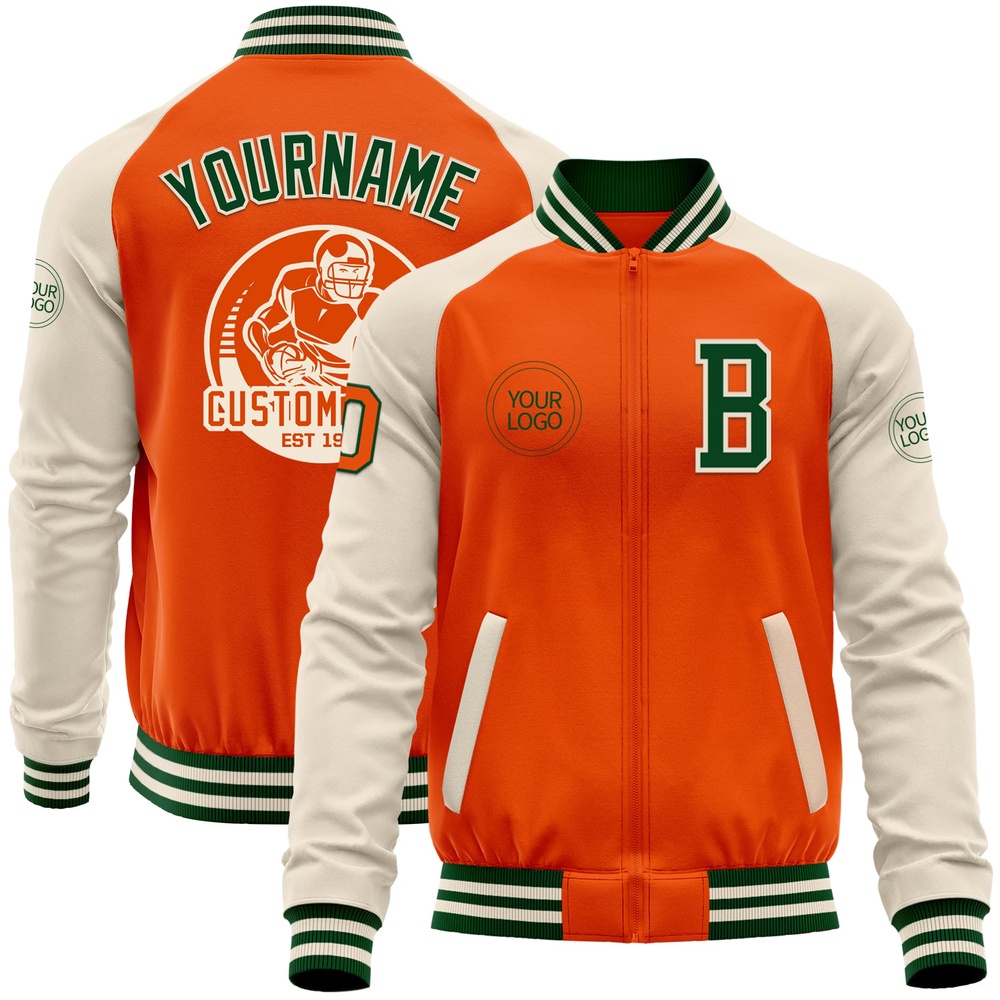 Custom Orange Green Cream Bomber Varsity Baseball Jacket, Custom Team Jacket