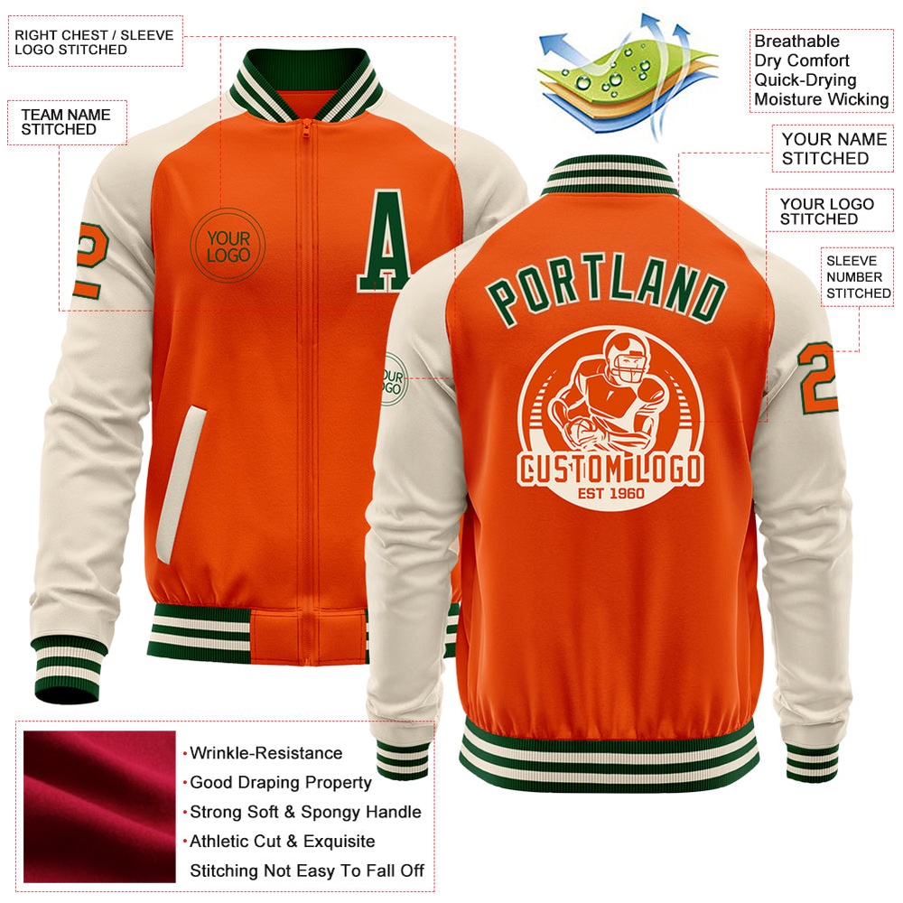 Custom Orange Green Cream Bomber Varsity Baseball Jacket, Custom Team Jacket